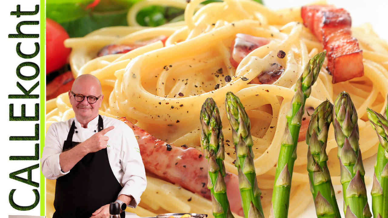 Spaghetti Carbonara mit grünem Spargel